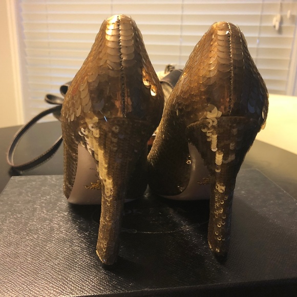 Prada Gold Bronze Sequin Peep Toe Heels 39 - Picture 3 of 7